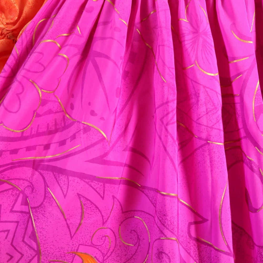 Vintage Handsewn Micronesian Dress Floral Orange Pink Square Neck Puff Sleeve - Picture 8 of 15